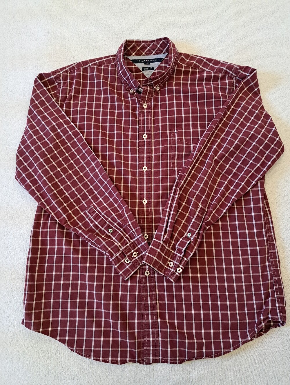 Tommy Hilfiger Burgandy Red Check Shirt Classic Fit XL Button Down Collar Cotton